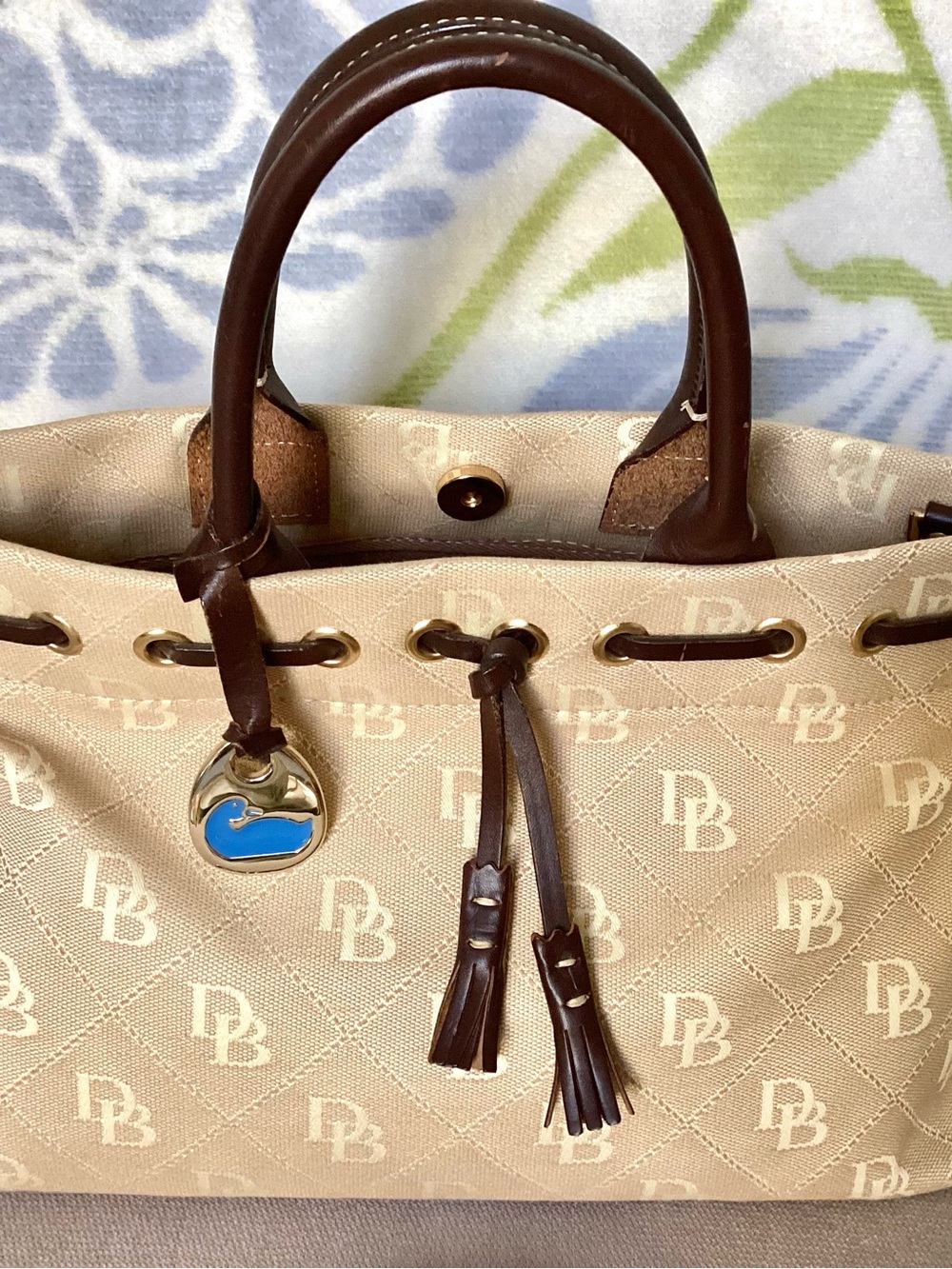 Dooney & Bourke Beige Logo Satchel with Dark Brown Trim - Picture 2 of 13